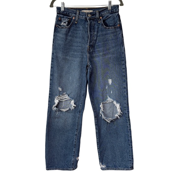 {Levi's} "Ribcage Straight Ankle" Distressed Ripped Button Fly Denim Jeans - Picture 1 of 7